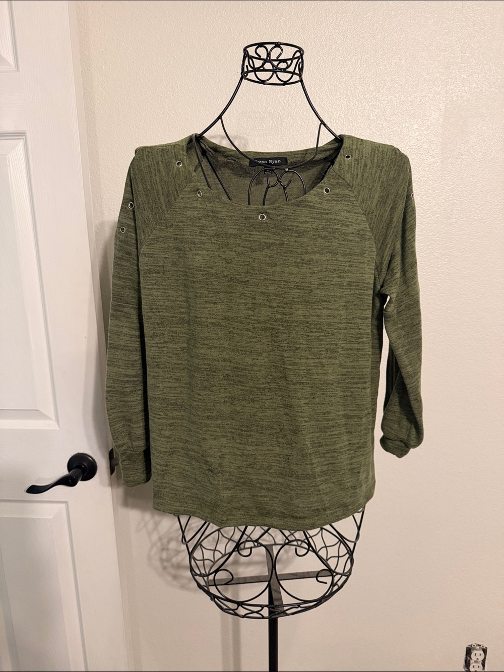 Olive Green Long Sleeve Eyelet Knit Top